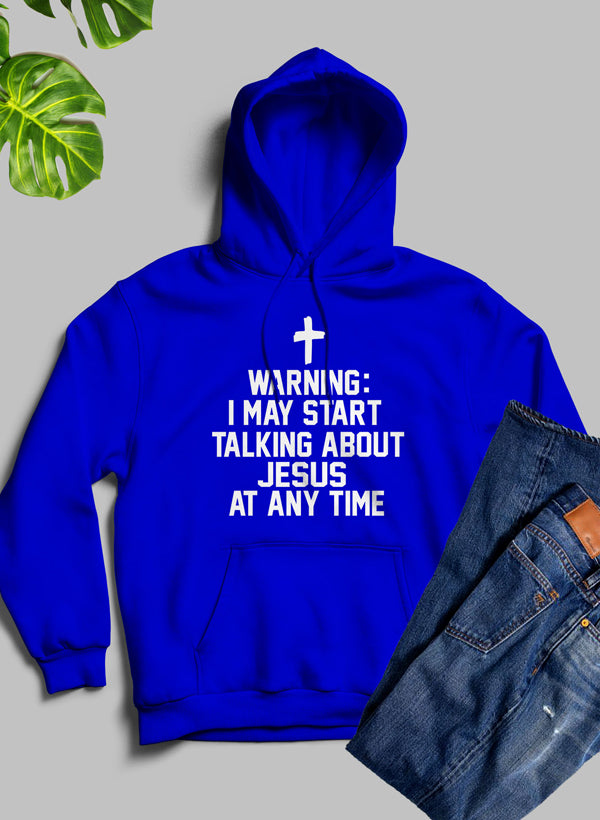 Blue hoodie with text and a cross on a gray background