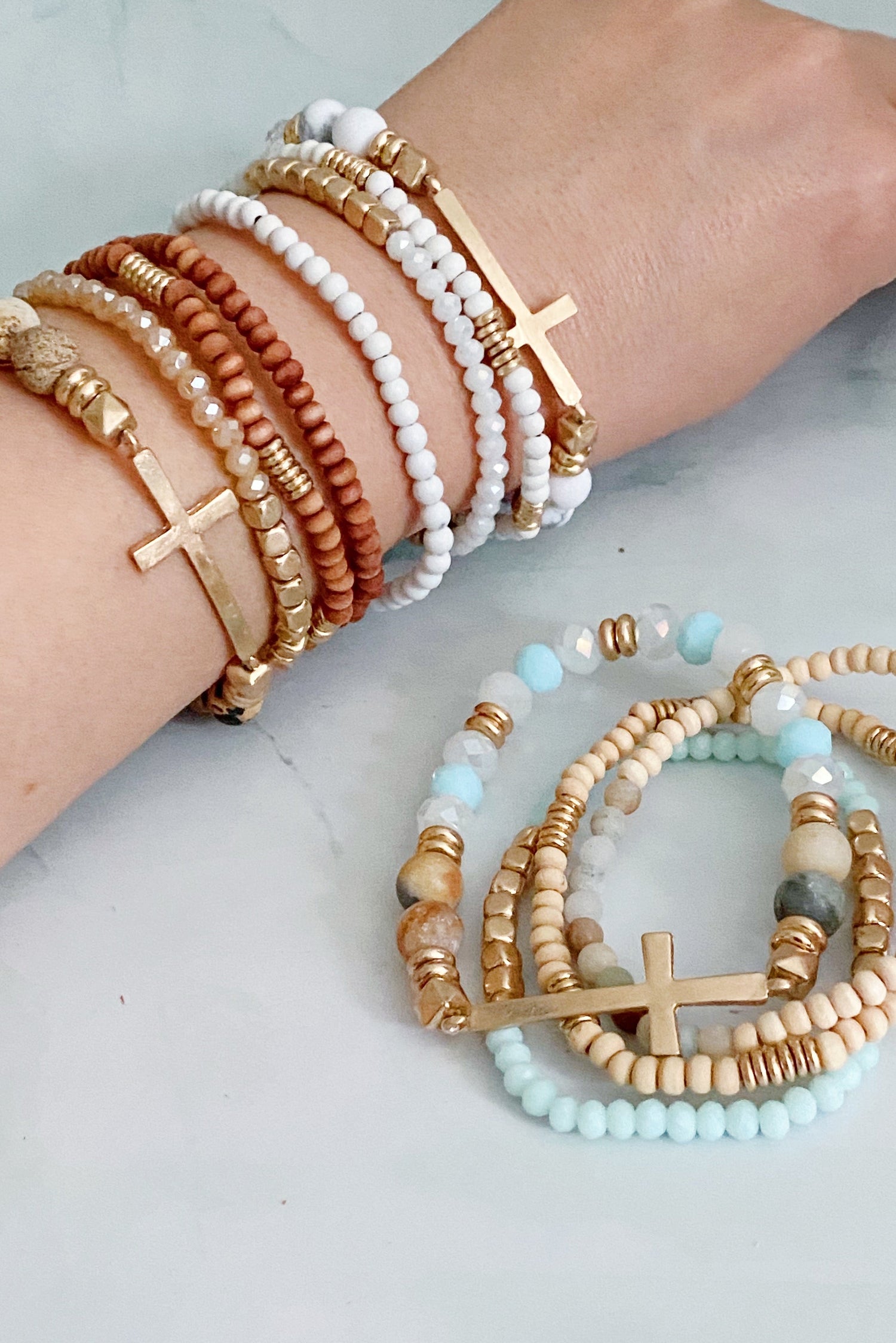 cross bead bracelets in multiple colors