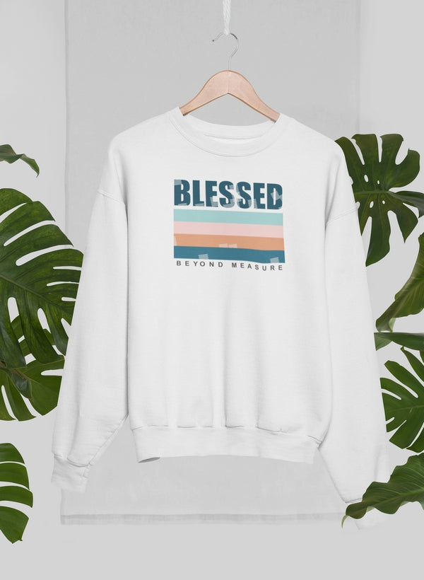 White sweatshirt with Blessed font and pastel iamgery